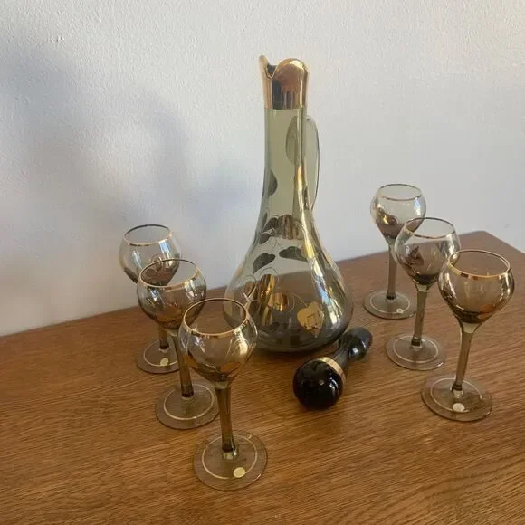 Vintage Made In Hungary ART Glass Decanter Glasses Set Hand Painted Gold Trim
